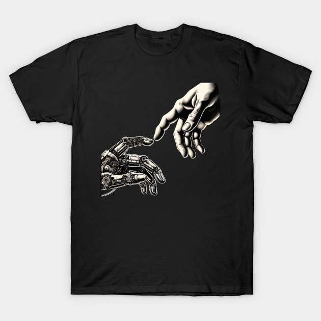 Evocative Human and Robot Hand Interaction Artwork T-Shirt by ThatVibe